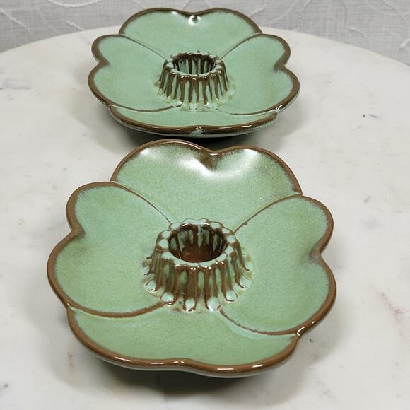 VTG Frankoma Dogwood Blossom Candlestick Holders 5" Green‎ Tapered Candle 300 - Picture 10 of 16